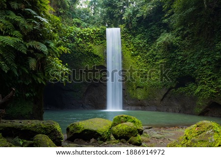 Waterfall landscape. Beautiful tropical rainforest. Nature background. Adventure and travel concept. Natural environment. Slow shutter speed, motion photography. Tibumana waterfall, Bali, Indonesia