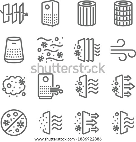 Air purifier icon illustration vector set. Contains such icons as Dust, Oxygen, Anti-bacteria, Air pollution, pm 2.5, Air filter, and more. Expanded Stroke Royalty-Free Stock Photo #1886922886