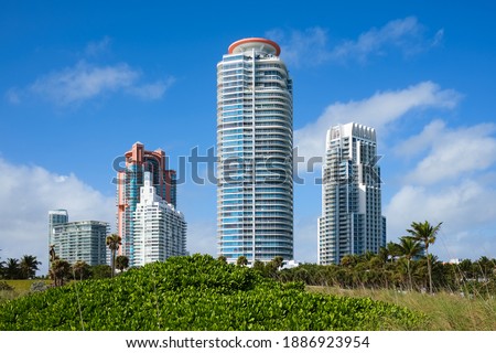 Miami Beach skyline with tall condo buildings in the South Beach area.