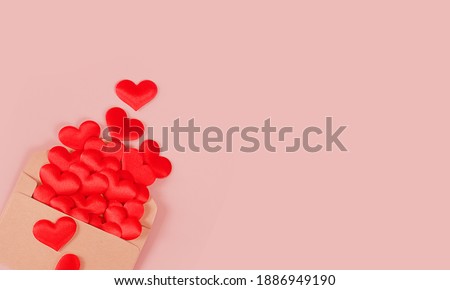 Valentine's day love letter. Red envelope blank and hearts on a red, pink background. Concept for love, mothers day, international womens day