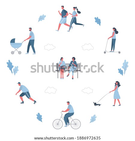 Summer people activities in park. Men and women are resting: ride a bicycle, rollerblading, scooter, walk with a baby stroller, walk a dog, drinking coffee. Healthy lifestyle concept.Flat style.Vector