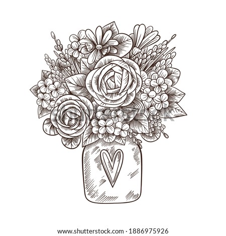 Hand-drawn romantic bouquet of flowers in vintage style. Roses, chamomile, hydrangea, lavender drawn in the style of engraving. Valentine's day, wedding illustration.