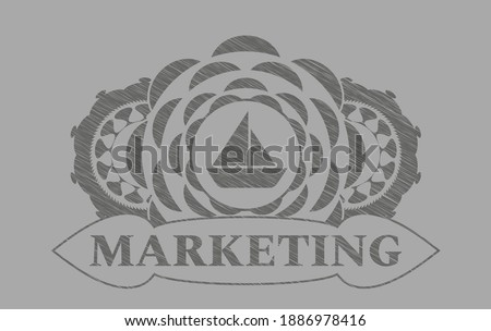 sailboat icon and Marketing text Grey stroke emblem. Solid graceful background. Artistic illustration. 