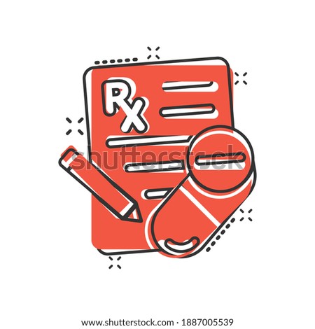 Prescription icon in comic style. Rx document cartoon vector illustration on white isolated background. Paper splash effect business concept.