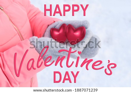 girl in a pink jacket holding a red heart model, a symbol of love, gray woolen mittens in her hands, winter background and white snow, concept of confession, Valentine's Day