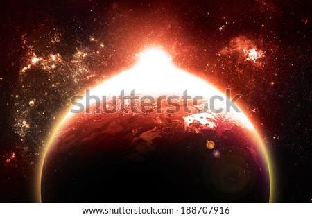 Red Sunrise Over Planet - Elements of this Image Furnished By NASA