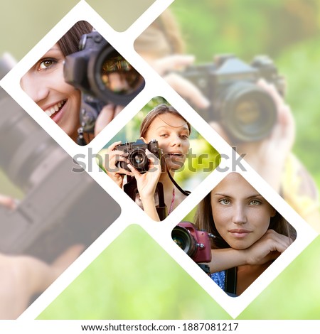 Photo collage Young women is photographed by a professional camera.