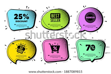 25 percent Discount. Speech bubble with dotwork vector. Sale offer price sign. Special offer symbol. Quote speech bubble. Best seller, shop cart icons. Vector