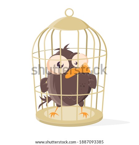 funny cartoon bird is locked in a bird cage Royalty-Free Stock Photo #1887093385