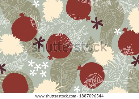 Vector background with pomegranate fruits and tropical leaves. Abstract red and green muted color of leaves, feathers, flowers, ripe pomegranates. Flat lay design Royalty-Free Stock Photo #1887096544