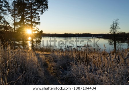 Sunset at lake in Katrineholm Sweden. Beautiful scandinavian nature and landscape. Calm, peaceful photo.