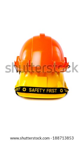 Pair of Engineer Worker Helmet two Orange and Yellow with SAFETY FIRST tag design concept isolated on white background.