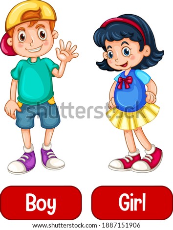 Opposite adjective words with boy and girl on white background illustration