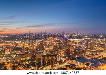 San Antonio, Texas, USA skyline at dusk from above. 