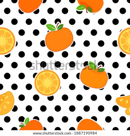 Tangerine orange slices, guys and full, vector illustration with large black polka dots background,   over white background, seamless pattern.