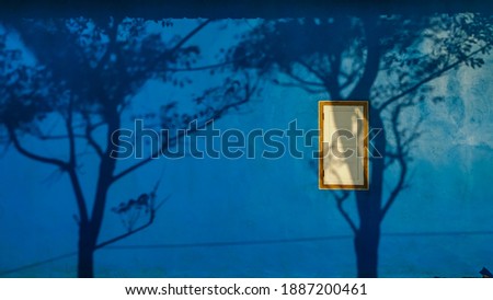 Window in blue wall and shade of two trees