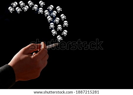 A hand holding a cigarette With the smoke coming out of the cigarette in the shape of a skull and crossbones Suitable for use Health media, negative media of smoking, health media