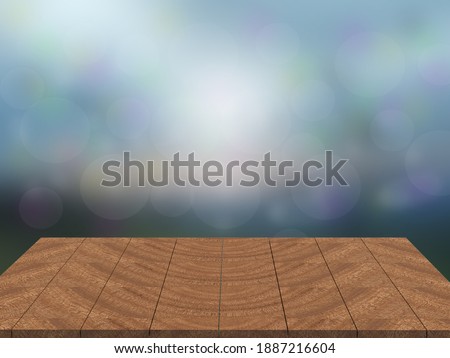 Empty wooden table view for product placement or editing with emphasis on the table. Wooden board texture on beautiful bokeh background - 3d illustration