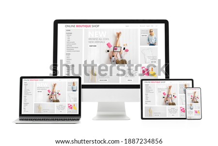 Adaptive and responsive web design concept showing sample website on different tech gadgets and screen sizes. Royalty-Free Stock Photo #1887234856