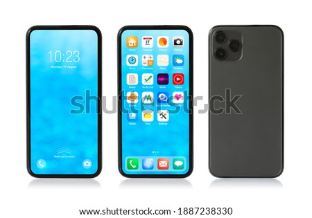 Mockup photo of isolated mobile phone showing locked and home screens, and back side view. Royalty-Free Stock Photo #1887238330