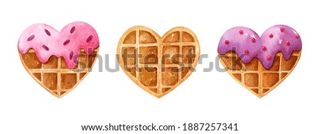 Valentine's day watercolor set with heart shaped desserts. Belgian waffles with berry glaze and sprinkles. Hand-drawn illustration. Perfect for your project, cards, prints, covers, decor, menu.