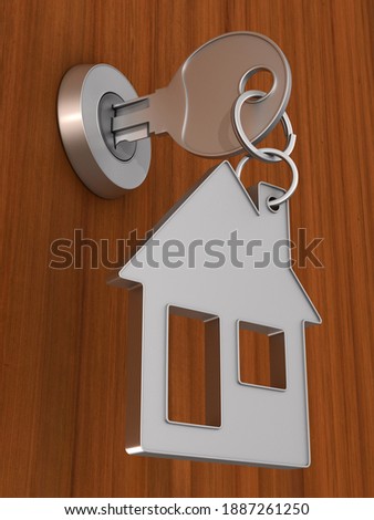 key and trinket house on wooden background. 3d illustration