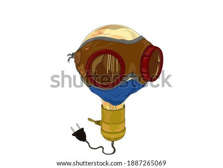 Vector illustration, a character depicting a led light bulb with a base, a protective mask and welding goggles.