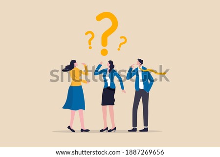 Confused business team finding answer or solution to solve problem, work question or doubt and suspicion in work process concept, businessman and woman team thinking with question mark symbol. Royalty-Free Stock Photo #1887269656