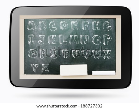 Blackboard inside computer tablet with sketchy chalk capital alphabet 