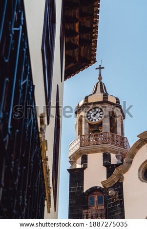 Spain. Canary. Circa 2020. Summer cityscape on tropical island Tenerife. Street of old town La Orotava. Royalty-Free Stock Photo #1887275035