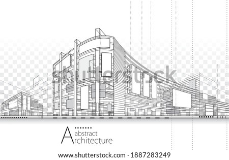 3D illustration architecture building construction perspective design, abstract modern urban building line drawing. Royalty-Free Stock Photo #1887283249