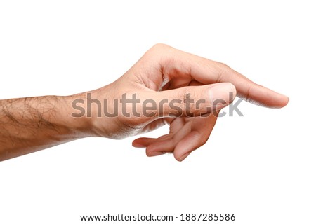 Close up male caucasian hand touching or pointing to something isolated on white background with clipping path.