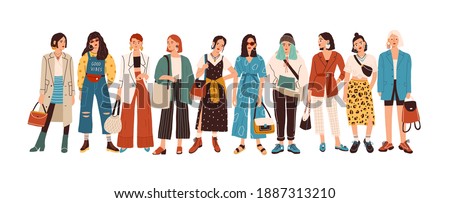 Group of fashionable women standing together vector flat illustration. Stylish female characters in modern casual, hipster clothes isolated on white. Beautiful ladies in elegant outfit Royalty-Free Stock Photo #1887313210