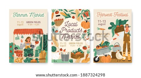 Collection of local products farmer market and harvest festival posters vector flat illustration. Set of announcement for seasonal agricultural fair isolated. Promo template with place for text Royalty-Free Stock Photo #1887324298