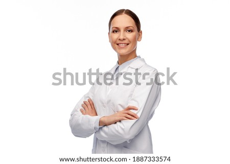medicine, profession and healthcare concept - happy smiling female doctor or scientist in white coat Royalty-Free Stock Photo #1887333574