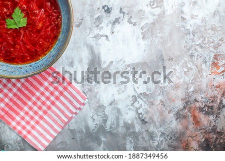 top view delicious borsch ukrainian beet soup inside plate on white background photo color cuisine dish meal free place