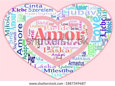 Word cloud with the word love in different languages (for example: dashuri, ljubav, amor, liefde, armastus, rakkaus, amour, Liebe, cinta, amore) on a pink background.  Red, orange, pink, blue, green