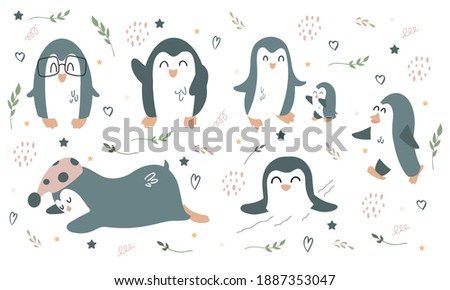 A set of penguins in a cartoon style. Vector children's illustration. Isolated on white. For printing, children's decor.