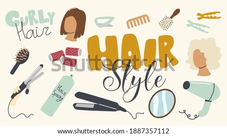 Set of Icons Hair Styling Theme. Curly Iron, Comb, Curlers or Female Head, Round Mirror, Fan, Barrette or Hair Spray with Bobby Pins. Beauty Salon Equipment for Women Style. Linear Vector Illustration