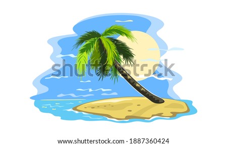 Blooming palm tree with leaves, burning sun, desert island. Vector oasis, paradise, exotic nature landscape, ocean view and tropical climate, travel design isolated on white background