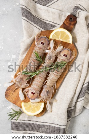 Fresh raw seafood large shrimps with lemon on a gray concrete background. ingredients in a store or seafood restaurant , background for a fish menu