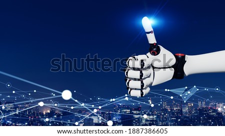 Humanoid hand showing thumb up sign. Robotic technology. 3D rendering.