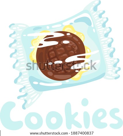 Sweet cookie stock illustration. Cookies with chocolate in plastic wrap clipart. Vector object on white background. Traditional cookies with chocolate topping for one person. Cartoon flat style.