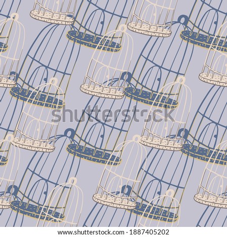 Decorative seamless pattern with grey and navy blue bird cage ornament. Blue background. Perfect for fabric design, textile print, wrapping, cover. Vector illustration.