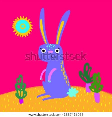Bright cute purple alebrije style rabbit in summer mexican colors with tropical leaves and plants, summer in the sky shining. Smiling hand drawn cartoon illustration for easter in kindergarden class