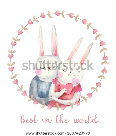 couple of rabbits in love in a round frame, cute valentine's day card, watercolor illustration
