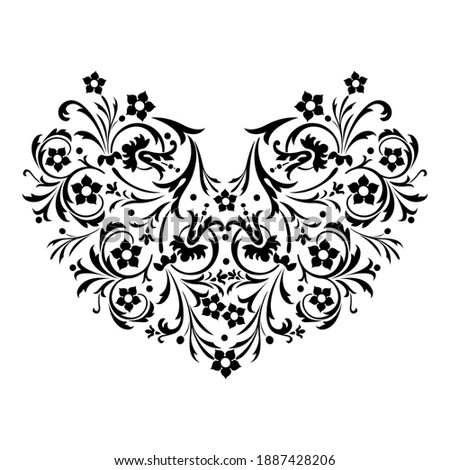 Floral heart shape, floral design element, for cards, invitations, ornamental template, laser cutting, pattern of Valentines day card for cutting plotter. Vector Illustration