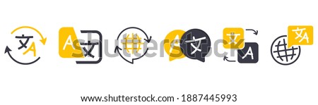 Set of icon for translator app. Chat bubbles with language translation icons in different styles. Online multi language translator. Translation app icon. Online Translator. Multilingual communication Royalty-Free Stock Photo #1887445993