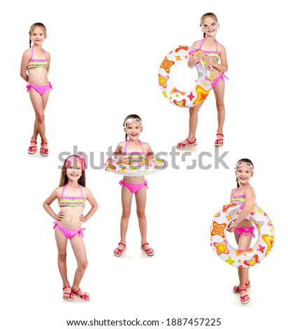 Collection of photos cute little girl child with swimming ring in sunglasses isolated on a white