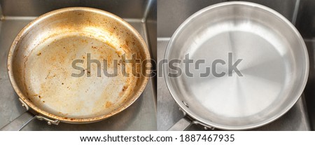 Compare burnt pan image before and after cleaning the unclean able stained pot from burnt cooking pot. The dirty stainless steel pan with the clean pan clean shiny bright like new in the kitchen sink. Royalty-Free Stock Photo #1887467935